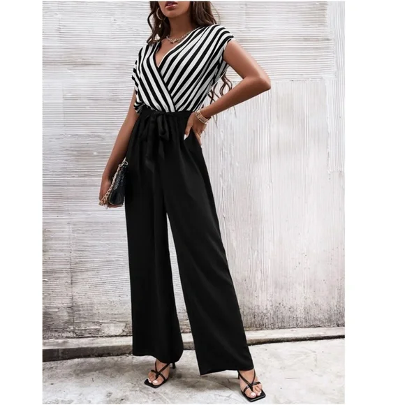 Striped Top V-Neck Surplice Short Sleeve White Black Wide Leg Jumpsuit - Picture 5 of 14
